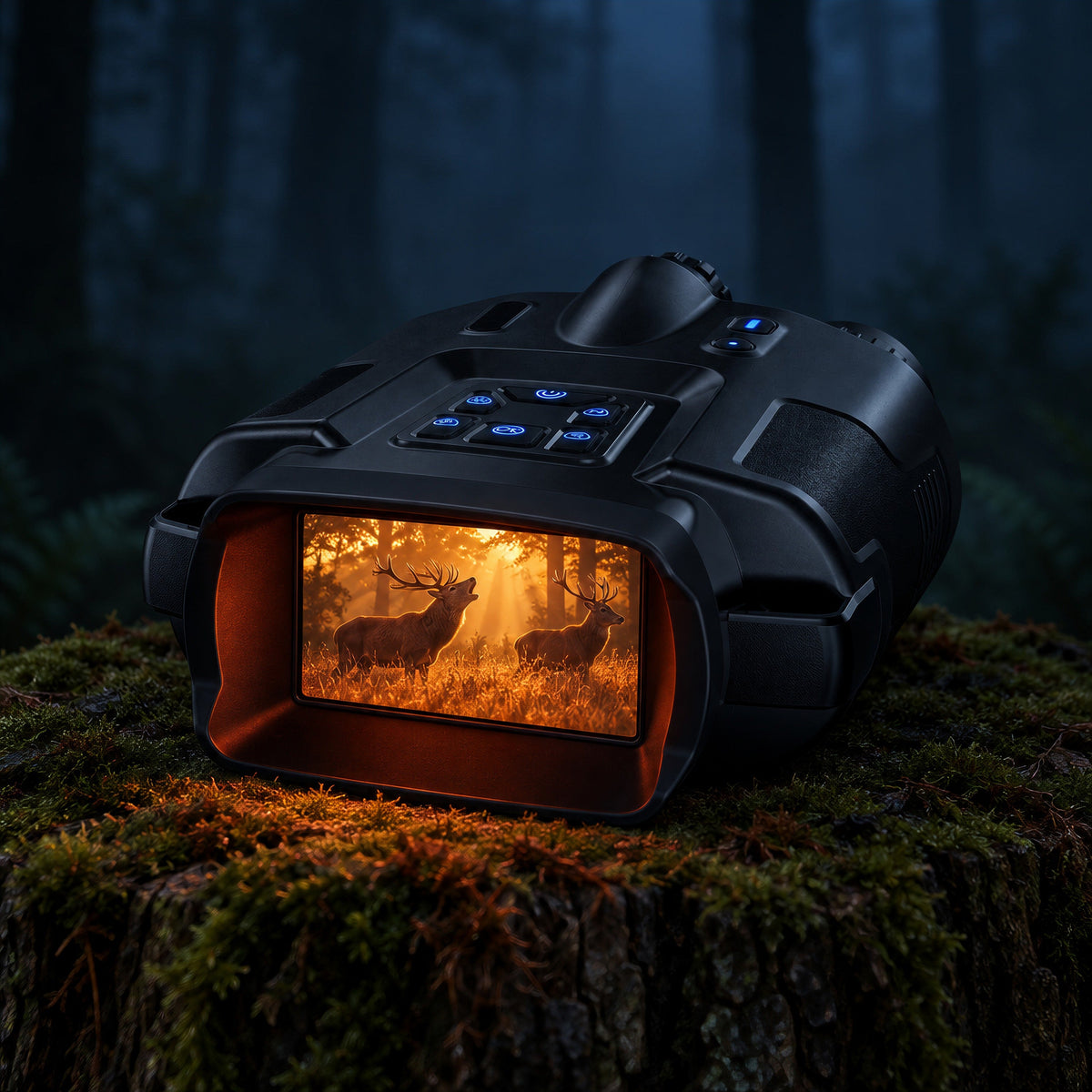 Jumelles de vision nocturne posées à plat sur une souche moussue en forêt, la nuit, écran allumé montrant deux cerfs qui brament