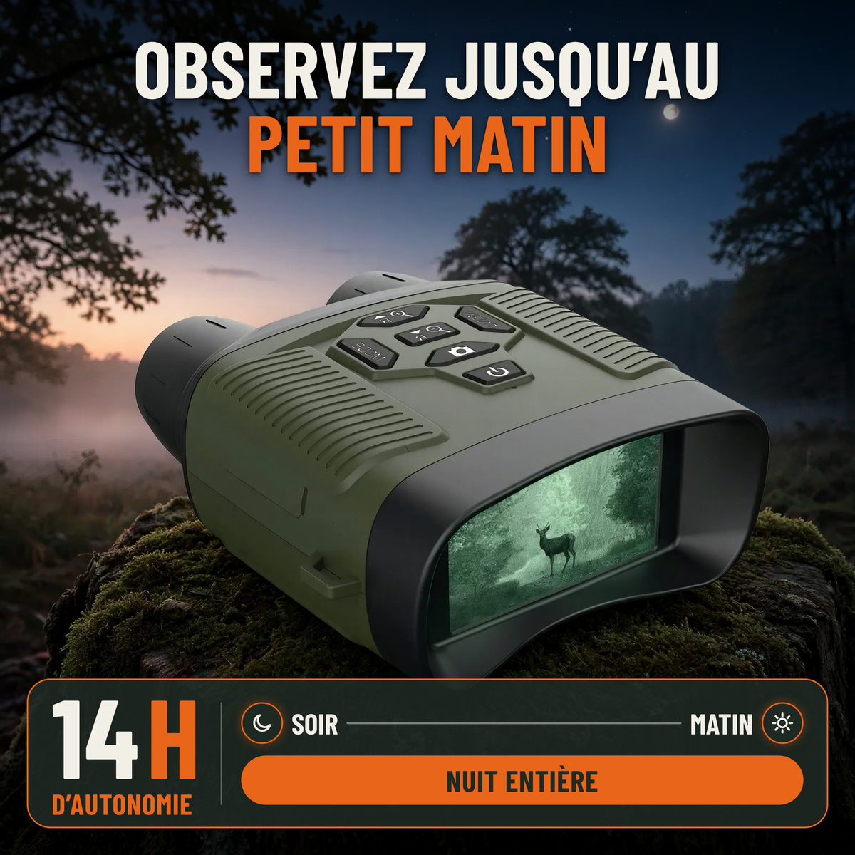 Jumelles de vision nocturne avec 14 heures d'autonomie : observez jusqu'au petit matin, jumelles posées sur une souche moussue, écran allumé