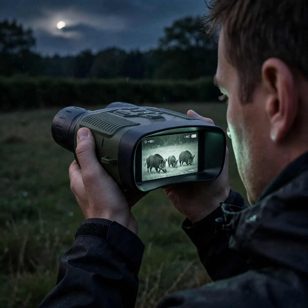 Homme qui observe la nuit à travers ses jumelles de vision nocturne ZS N550J Pro
