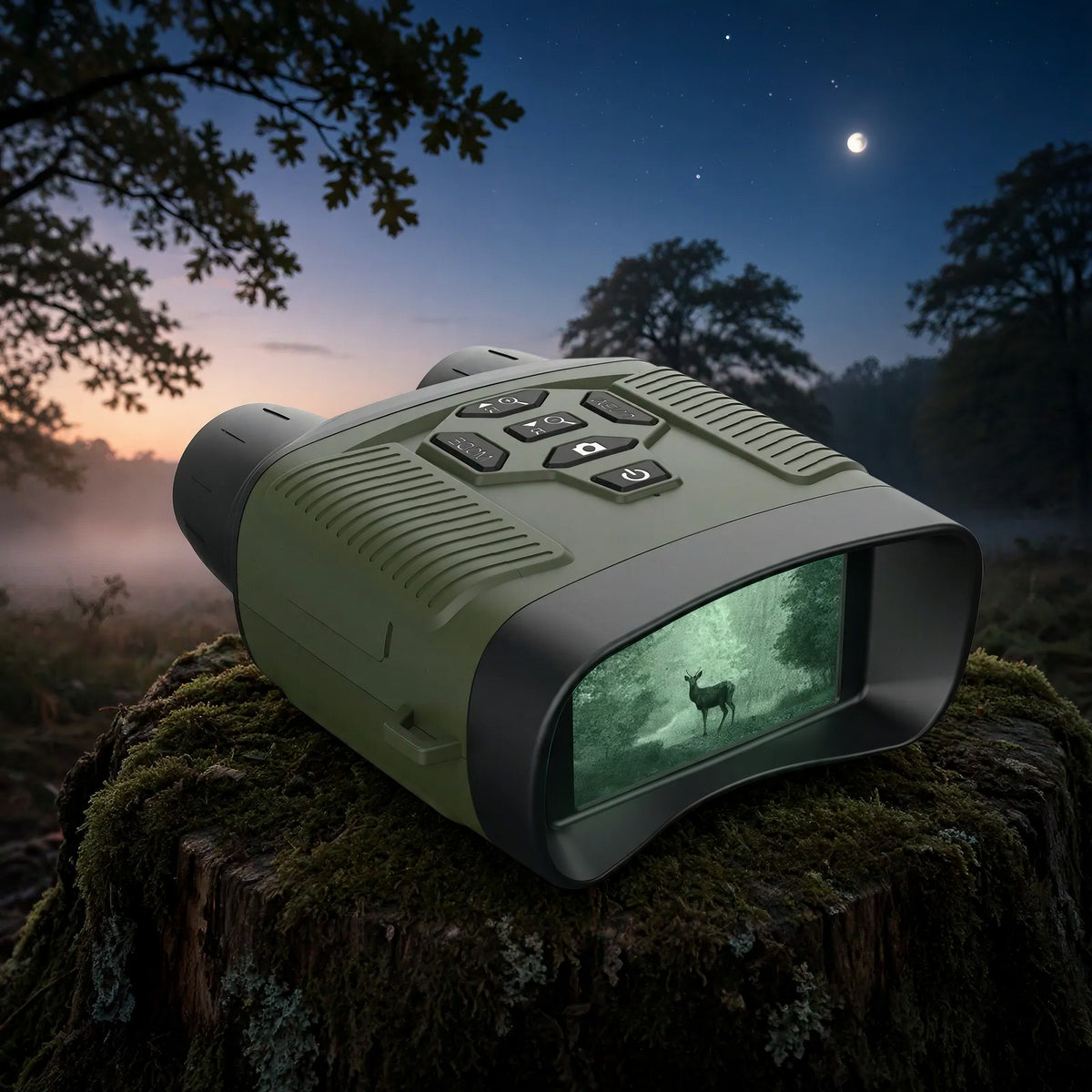 Jumelles de vision nocturne ZS N550J Pro allumées sur un tronc moussu, ciel de nuit vers l'aube