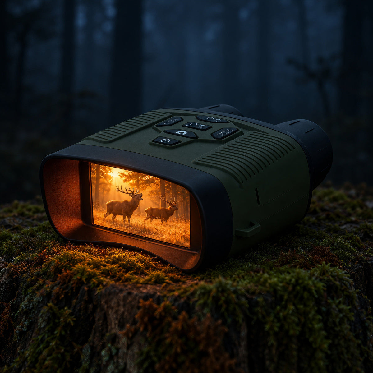 Jumelles de vision nocturne posées à plat sur une souche moussue en forêt, la nuit, écran allumé montrant deux cerfs qui brament
